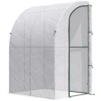 Outsunny Outdoor Walk-In Lean to Wall Greenhouse with Zippered Roll Up Door and PE Cover, 143L x 118W x 212Hcm, White(m-1)
