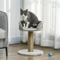 PawHut Arbre à chat arbre à grimper grattoir design jeu pompon suspendu + plateforme peluche 40 x 40 x 49 cm jute gris(m-2)