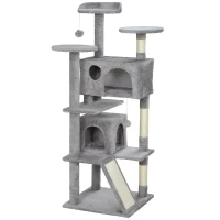 PawHut Arbre à chat hauteur 138 cm, tour de jeux pour chats avec griffoir, plate-formes, 2 niches, 49 x 49 x 138 cm gris clair(m-12)