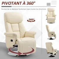 HOMCOM Fauteuil de relaxation inclinable pivotant repose-pied réglable, jusqu'à 150 kg, pour salon, chambre, home cinéma, crème(m-5)