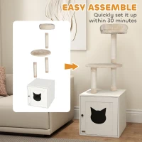 PawHut Arbre à chat avec maison de toilettes, tour de jeu 2-en-1 de 129 cm avec cache-litière, poteaux à griffer, crème(m-8)