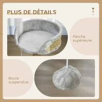 PawHut Arbre à chat arbre à grimper grattoir design jeu pompon suspendu + plateforme peluche 40 x 40 x 49 cm jute gris(m-6)