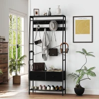 HOMCOM Kapstok met Schoenenrek in Industriële Stijl, Kledingrek met 2 Stoffen Lades, 8 Haken, Metalen Frame, Zwart(m-8)