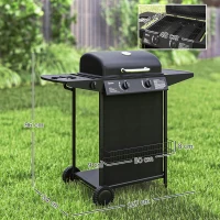 Outsunny Gasgrill 7 KW Grillwagen inkl 3 Brenner Seitenkocher Rolle Deckel 107 x 54 x 96 cm Schwarz(m-3)