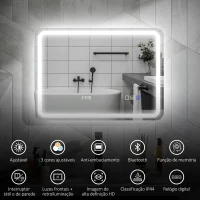 HOMCOM Espelho de Casa de Banho com Luz LED 70x50 cm Bluetooth 3 Cores de Luz Relógio Digital Função Antiembaciamento Memória Prata(m-4)