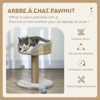 PawHut Arbre à chat arbre à grimper grattoir design jeu pompon suspendu + plateforme peluche 40 x 40 x 49 cm jute gris(m-4)