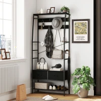 HOMCOM Kapstok met Schoenenrek in Industriële Stijl, Kledingrek met 2 Stoffen Lades, 8 Haken, Metalen Frame, Zwart(m-2)