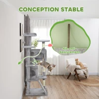 PawHut Arbre à chat hauteur 138 cm, tour de jeux pour chats avec griffoir, plate-formes, 2 niches, 49 x 49 x 138 cm gris clair(m-7)
