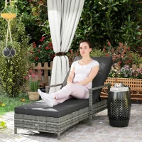 Outsunny Patio Rattan Sun Lounger, Dual Wicker Weave Outdoor Single Reclining Chair Furniture, 5-Level Adjustable Backrest w/ Removeable & Washable Cushion, Mixed Grey(m-2)