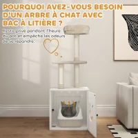 PawHut Arbre à chat avec maison de toilettes, tour de jeu 2-en-1 de 129 cm avec cache-litière, poteaux à griffer, crème(m-5)