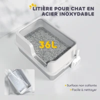 PawHut Litière pour chat, bac à litière en acier inoxydable avec côtés hauts pelle nettoyage facile 60 x 40 x 28 cm gris clair(m-5)