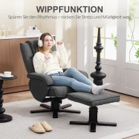 HOMCOM Schommelbare Relaxfauteuil met Voetenbank, Fluweelachtige Stof, Draaibare Gestoffeerde Stoel, Houten Frame, Grijs(m-5)