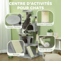 PawHut Arbre à chat hauteur 138 cm, tour de jeux pour chats avec griffoir, plate-formes, 2 niches, 49 x 49 x 138 cm gris clair(m-4)