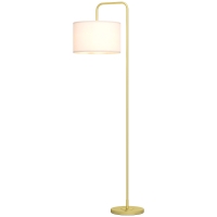 HOMCOM Lampadaire sur pied salon style moderne avec abat-jour aspect lin et interrupteur à pied 163,5 cm doré et blanc
