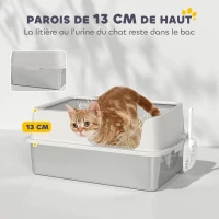 PawHut Litière pour chat, bac à litière en acier inoxydable avec côtés hauts pelle nettoyage facile 60 x 40 x 28 cm gris clair(m-4)