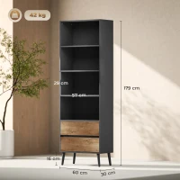 HOMCOM Bibliothèque meuble de rangement avec 4 compartiments ouverts et 2 tiroirs, 60 x 30 x 179 cm, gris(m-3)