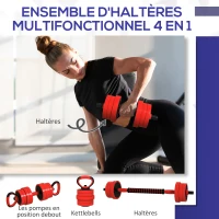 SPORTNOW Kit haltères musculation, haltères réglables 4 en 1, 20 kg, avec disques et barres, équipement de gym à domicile, rouge(m-4)