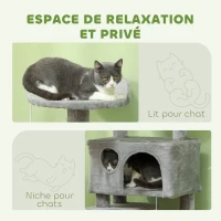 PawHut Arbre à chat hauteur 138 cm, tour de jeux pour chats avec griffoir, plate-formes, 2 niches, 49 x 49 x 138 cm gris clair(m-5)