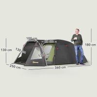 Outsunny Tente de camping familiale pour 2-4 personnes, tente tunnel imperméable 3000 mm 3 portes, 3,6 x 2,5 x 1,3 m, noir(m-3)