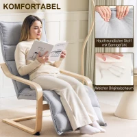 HOMCOM Fotel z laminowanej brzozy, tapicerowany fotel z regulowaną podnóżką, nowoczesny fotel z podłokietnikami, Jasnoszary(m-4)