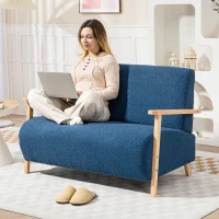 HOMCOM Sofá de 2 Plazas Tapizado en Borreguito 118 cm con Acolchado Grueso Reposabrazos y Patas de Madera Azul Oscuro(m-8)