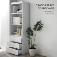 HOMCOM Bibliothèque haute de 180 cm avec 3 étagères et 3 tiroirs 60 x 35 x 180 cm en bois blanc(m-4)