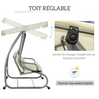 Outsunny Balancelle de jardin 3 places convertible toit inclinaison réglable 2 x 1,2 x 1,64 m acier polyester beige(m-5)