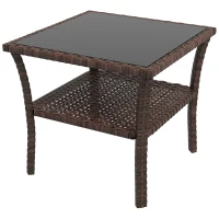 Outsunny Table d'appoint en résine tressée 2 niveaux 50x50x45cm, table basse de jardin carrée plateau en verre trempé, marron(m-11)