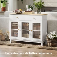 HOMCOM Buffet salon avec 2 placards à portes en verre trempé nervuré, 2 tiroirs et étagères réglables, 100 x 35 x 80,3 cm, blanc(m-4)