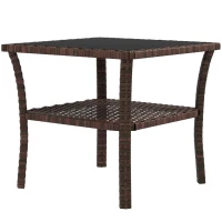 Outsunny Table d'appoint en résine tressée 2 niveaux 50x50x45cm, table basse de jardin carrée plateau en verre trempé, marron(m-1)
