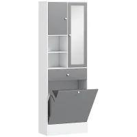 HOMCOM Meuble de salle de bain avec panier à linge et miroir étagère réglable 62 x 28,3 x 181 cm gris et blanc(m-12)