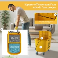 HOMCOM Chariot de ménage chariot de lavage essoreuse latérale seau 20 L, poignée et serpillère, 45 x 26,5 x 70 cm, jaune(m-5)