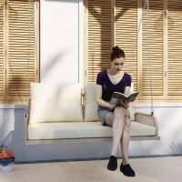 Outsunny Hollywoodschommel 2-Zits Rattan Tuinschommel met Kussens Ketens Tot 240 kg 115 x 66 x 44 cm Beige(m-2)