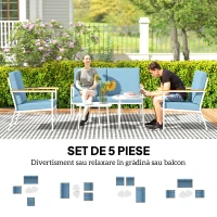 Outsunny Set de Mobilier de Grădină din 5 Piese cu Canapea, 2 Fotoli și 2 Măsuțe de Cafea, 118x72x80 cm, Albastru Deschis(m-4)