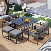 Ensemble de salle à manger extérieur 7 pièces avec plateau en verre trempé, accoudoirs, coussins, pour 6 personnes, Noir+Naturel(m-1)