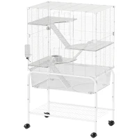 PawHut Gaiola para Pequenos Animais de 4 Níveis com Bandeja Inferior Rodas Rampas Comedouro e Bebedouro 73x47x123 cm Branco(m-11)