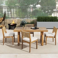 Set da pranzo a 5 pezzi con tavolo in legno, schienale in rattan, piedini, per terrazza, giardino, Bianco e Colore naturale(m-4)