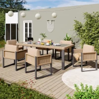 Rattan-Tisch- und Stuhlset, 1 Tisch, 6 Stühle, Tischplatte aus gehärtetem Glas, Braun+Schwarz(m-6)