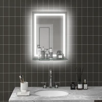 kleankin Espelho para Casa de Banho 50x70 cm com Moldura de Alumínio, Luzes LED Interruptor Tátil e Prateleira de Vidro para Casa de Banho Prata(m-7)