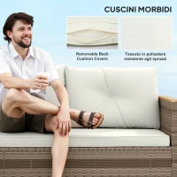Outsunny Salotto da Giardino in Rattan PE con Divano 2 Posti, Chaise Longue e Tavolino da Caffè, Crema(m-5)