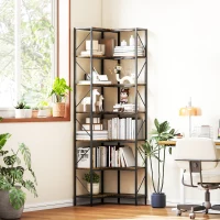 HOMCOM Libreria Angolare Industriale a 7 Livelli, in Legno e Acciaio, 60x60x198 cm, Marrone Rustico(m-9)