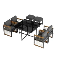 Ensemble de salle à manger extérieur 7 pièces avec plateau en verre trempé, accoudoirs, coussins, pour 6 personnes, Noir+Naturel(m-12)