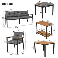 Ensemble de table et chaises d'extérieur, avec 2 chaises, 2 tabourets, 1 canapé deux places, 1 table et 1 chariot de service polyvalent, Noir+Gris(m-3)