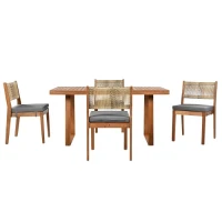 Ensemble de salle à manger 5 pièces avec table en bois, dossier en rotin, coussinets de pieds pour terrasse, jardin, Gris + Couleur naturelle(m-2)