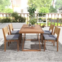 Ensemble de salle à manger 5 pièces avec table en bois, dossier en rotin, coussinets de pieds pour terrasse, jardin, Gris + Couleur naturelle(m-1)