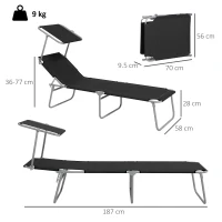 Outsunny Foldable Sun Lounger Set of 2 with Sun Shade & Adjustable Backrest - Black(m-3)
