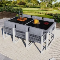 Ensemble table et chaises en rotin, avec 1 table et 6 chaises, plateau en verre trempé, Gris+Blanc(m-7)