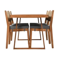 Ensemble de salle à manger 5 pièces avec table en bois, dossier en rotin, coussinets de pieds pour terrasse, jardin, Gris + Couleur naturelle(m-15)
