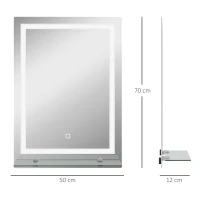 kleankin Espelho para Casa de Banho 50x70 cm com Moldura de Alumínio, Luzes LED Interruptor Tátil e Prateleira de Vidro para Casa de Banho Prata(m-3)