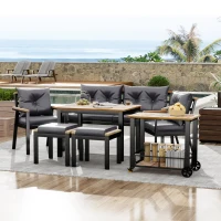 Ensemble de table et chaises d'extérieur, avec 2 chaises, 2 tabourets, 1 canapé deux places, 1 table et 1 chariot de service polyvalent, Noir+Gris(m-6)